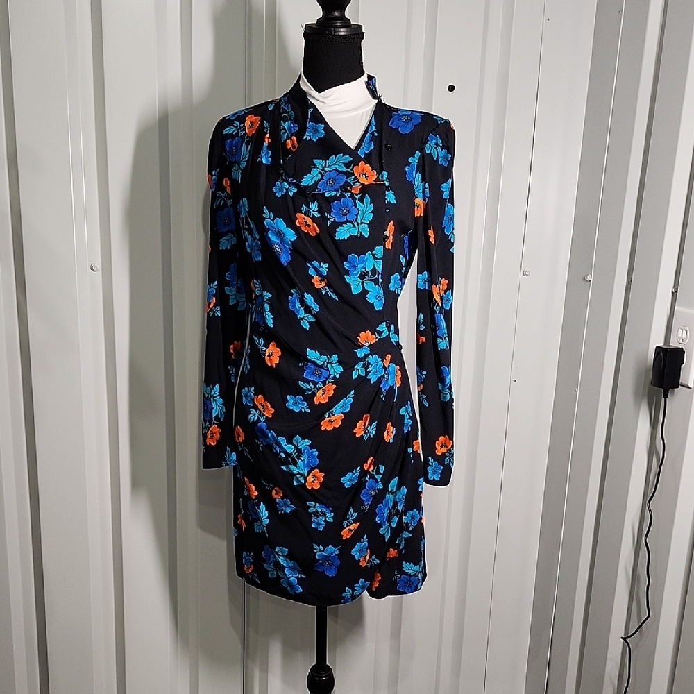 Maje Ripta Floral Print Ruched Mini Dress Black, Blue, Orange Size 3 Large EUC